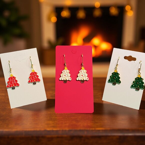 Christmas Tree Earrings Metal with Enamel Decorations Dangle Leverback - Picture 1 of 10